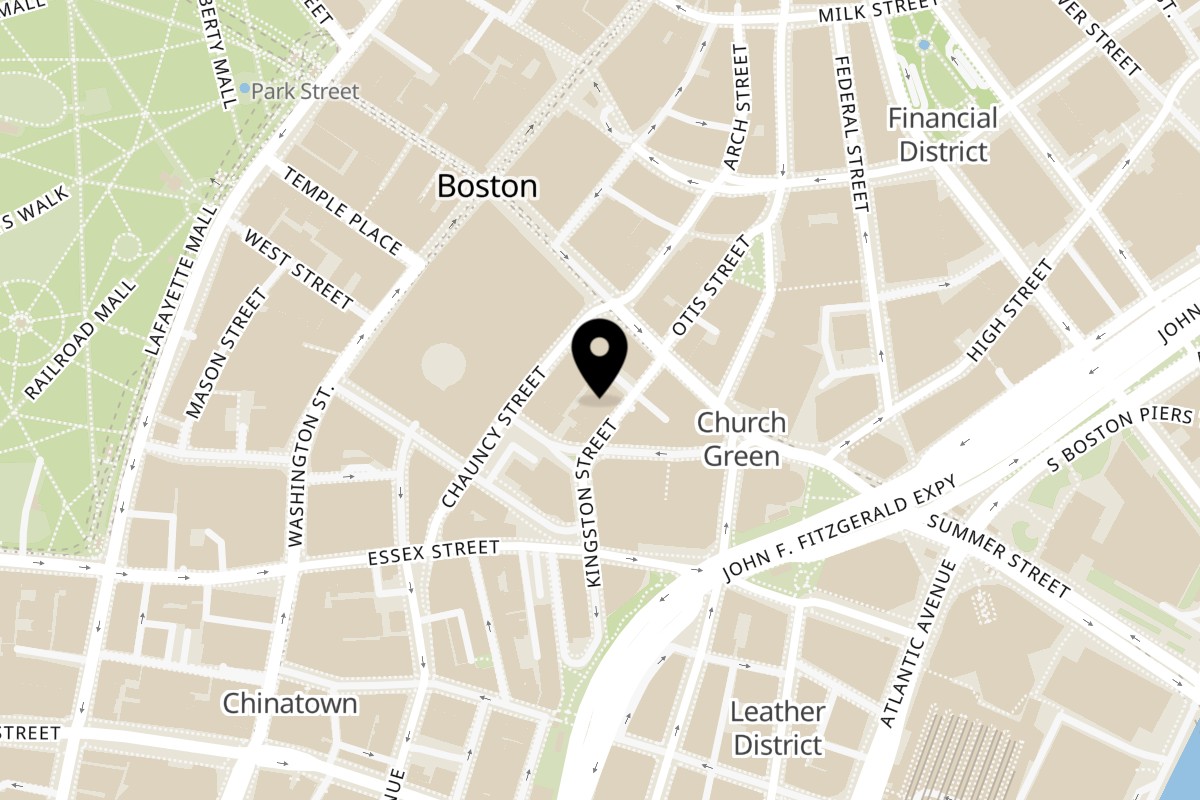 Map showing the location of Fete on 25 Kingston St in Boston